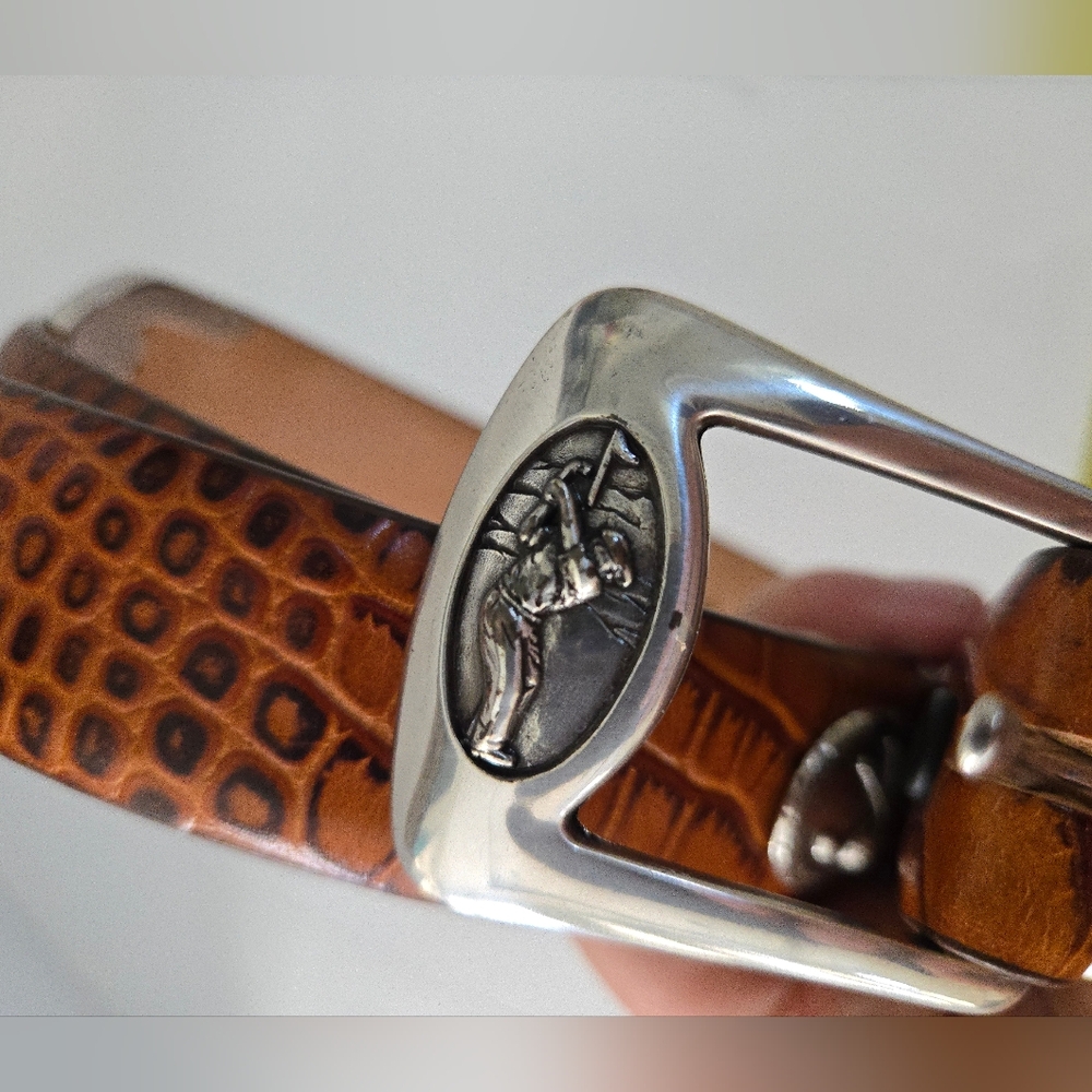 Italian Leather Golf Belt Sz 38 W/ Silver Tone Golfer Accents Croc Design Gift